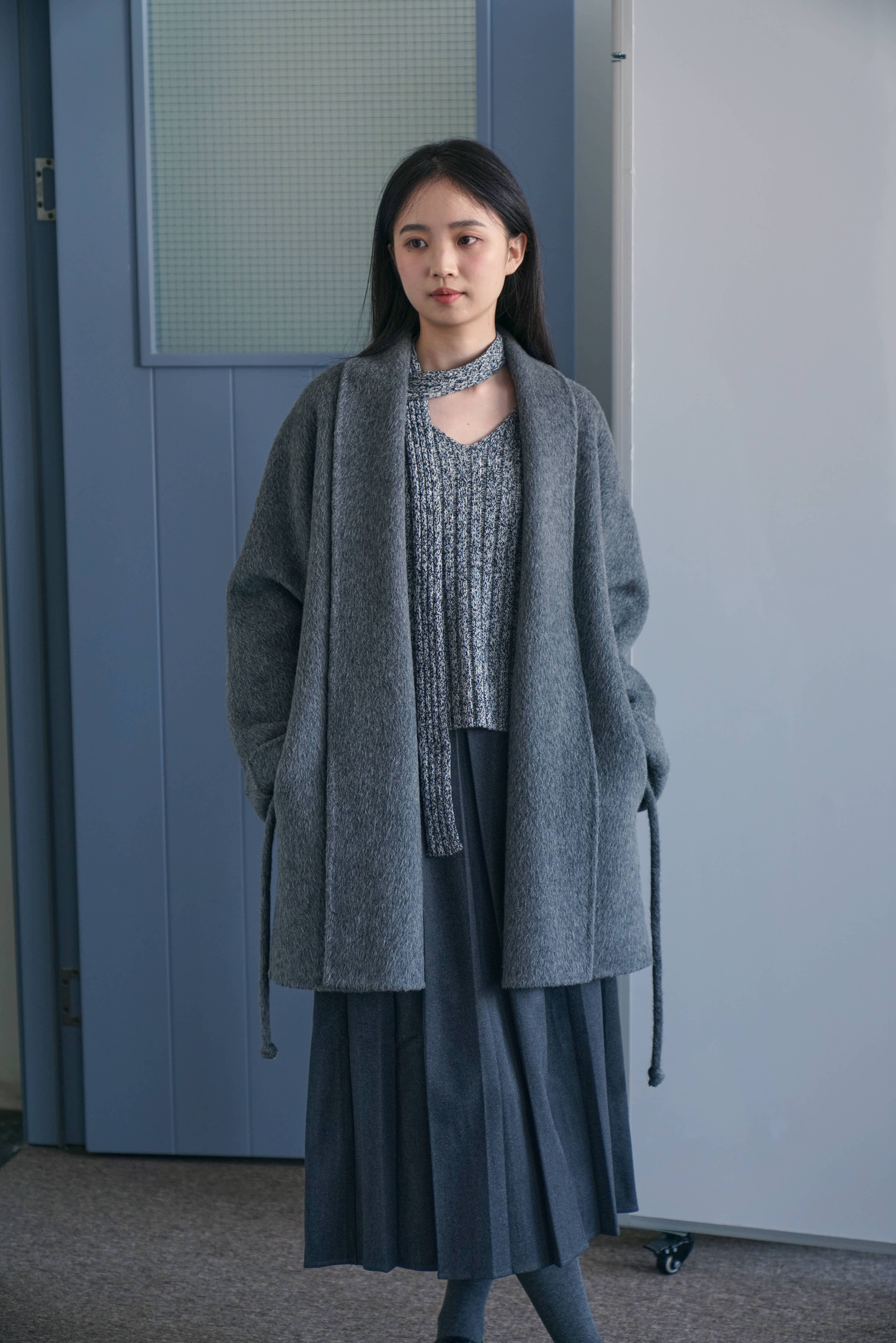 DFD冬日格雷系 百搭慵懒宽松灰色浴袍款双面尼长款羊毛大衣外套女