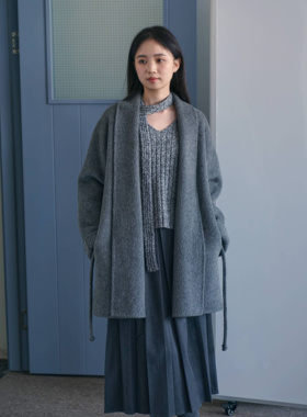 DFD冬日格雷系 百搭慵懒宽松灰色浴袍款双面尼长款羊毛大衣外套女