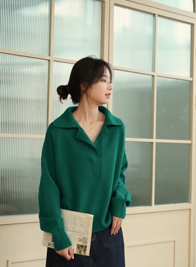 DFD  复古法式慵懒感翻领大V领绿色卡其色纯羊毛毛衣长袖女