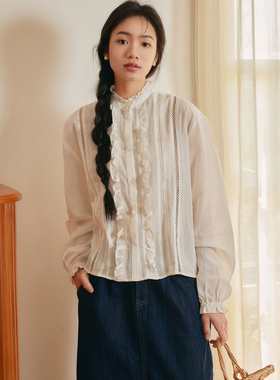 DFD 巴黎故事 法式复古木耳边花边蕾丝拼接微透白衬衫长袖女