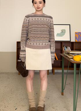 DFD 冰岛花色 LP款老钱风多色浅卡其提花羊毛混纺针织套头毛衣女