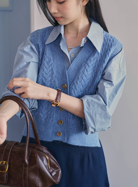 DFD【限量回馈款】复古蓝羊毛混纺色麻花短背心马甲针织毛衣女