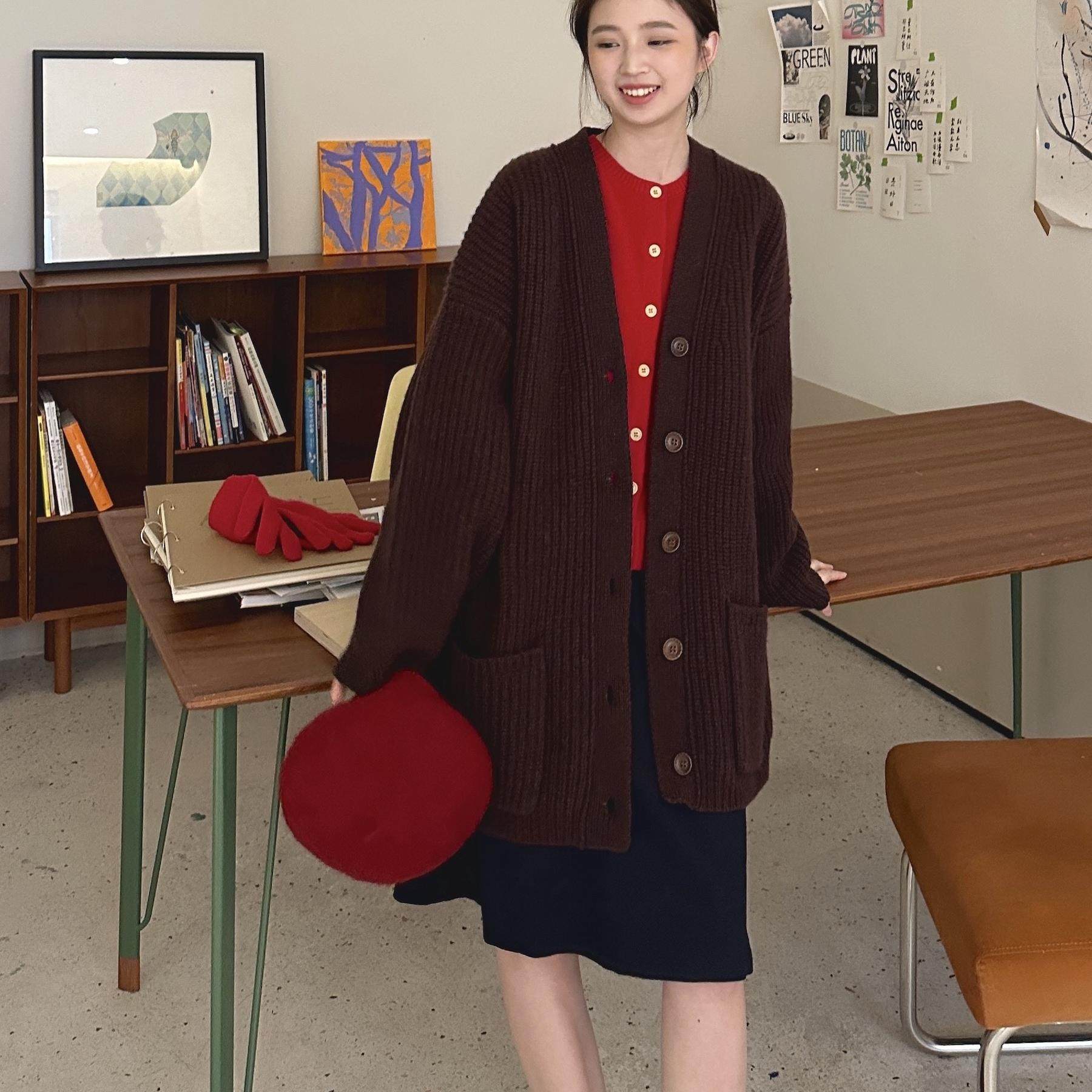 DFD 重磅Lem款100羊毛棕色复古廓形大毛衣秋冬保暖单排扣开衫女