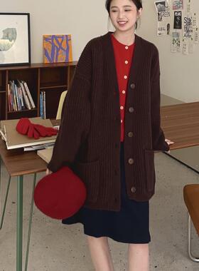 DFD 重磅Lem款100羊毛棕色复古廓形大毛衣秋冬保暖单排扣开衫女