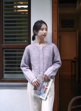 DFD 豆蔻年华 杂色圈圈泰迪毛绒绒感针织毛衣圆两色领开衫毛衣女