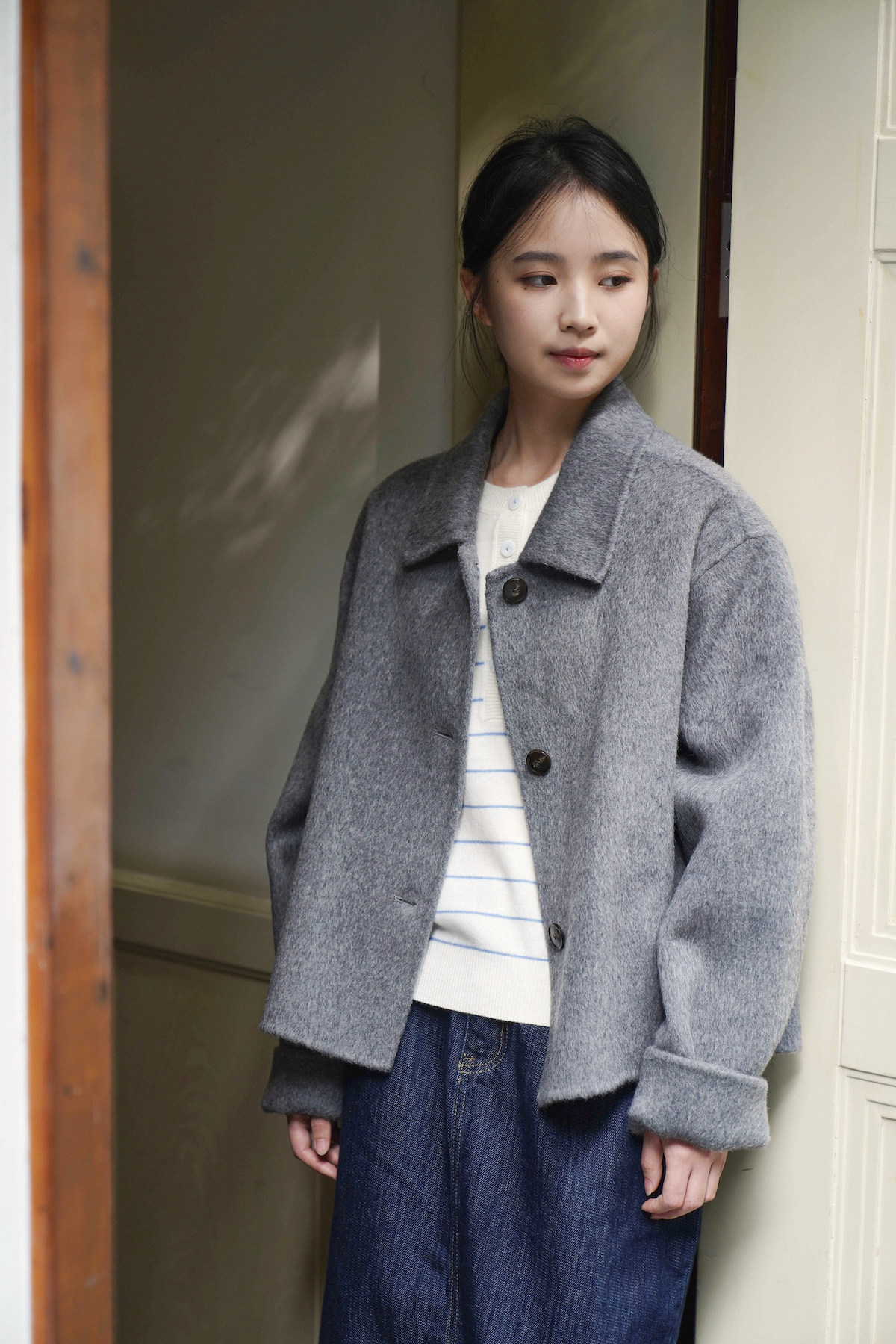 DFD 今天穿什么 百搭小个子夹克灰色双面尼长毛羊毛短款大衣女