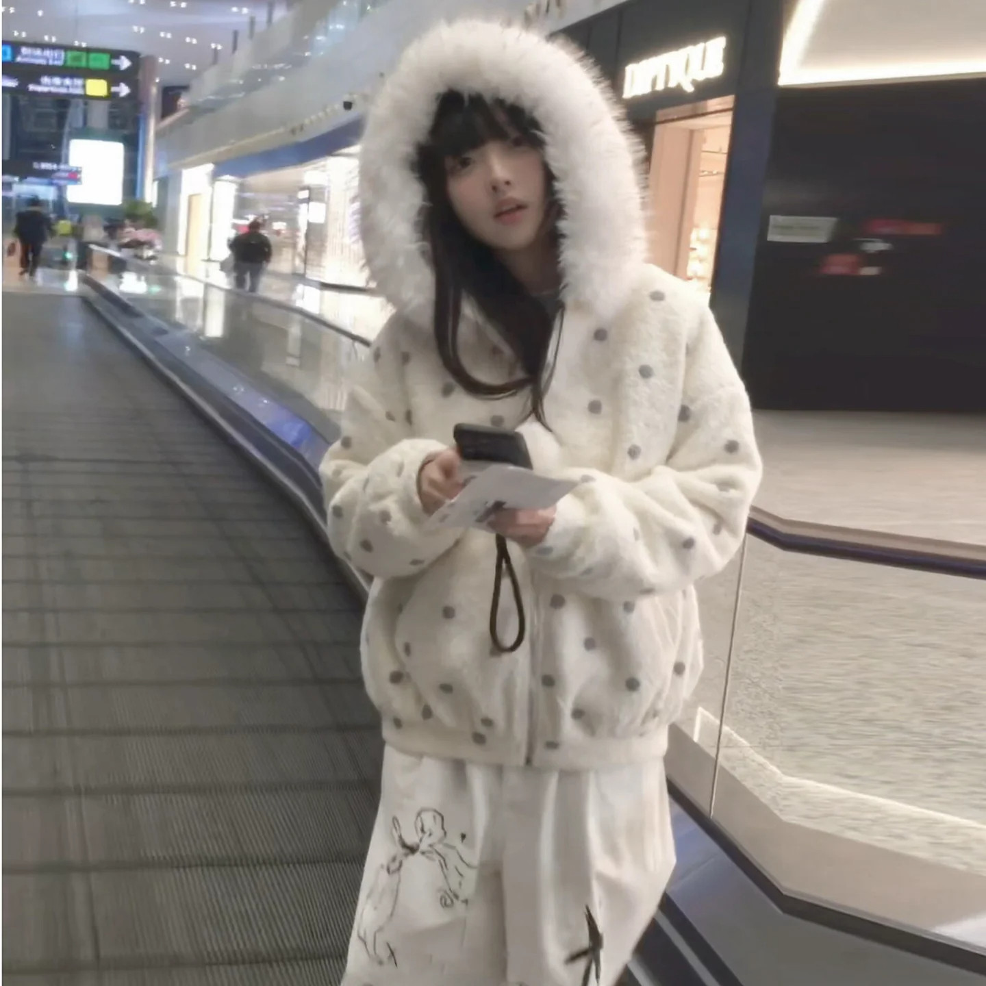 波点连帽夹棉毛呢外套女棉服