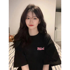 纯棉正肩黑色短袖t恤女2025新款夏宽松红色半袖巨好看的夏日上衣