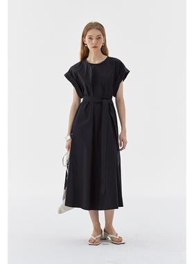 BLANK LABEL40支仿天丝府绸折边袖全棉连衣裙女夏季新款显瘦长裙