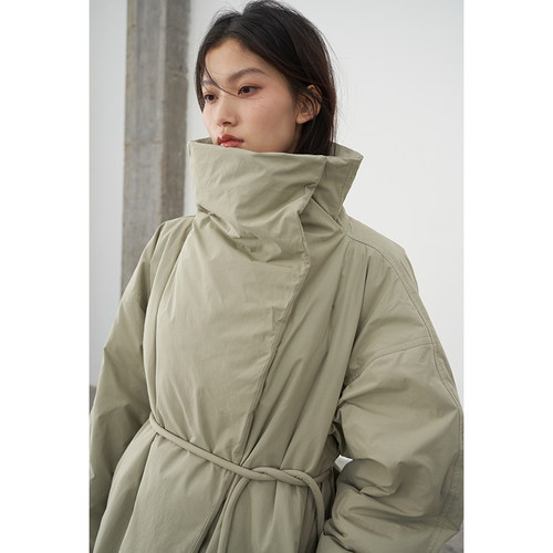 立领系带羽绒服女中长款保暖