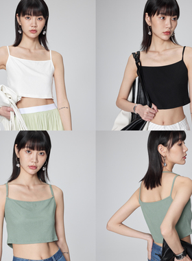 BLANK LABEL 法式极简黑色修身超细肩带短款露脐吊带背心女夏季
