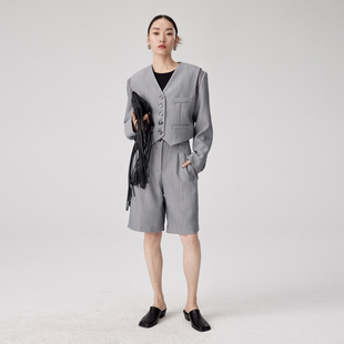LABEL 面料 BLANK 极简高级色织人字纹TR西装 女 灰色休闲西装 短裤