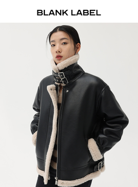 BLANK LABEL 大翻领加厚皮毛一体羊羔毛外套黑色皮衣皮草夹克女冬