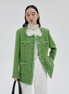BLANK LABEL极简高级感羊毛立体编织粗花呢绿色小香风外套女秋冬
