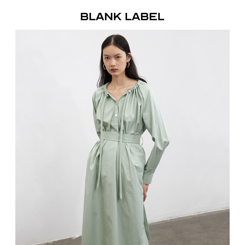 BLANK LABEL极简高级宽松纯棉抽绳收腰长袖连衣裙女衬衫裙秋季