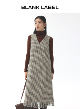 BLANK LABEL 极简高级千鸟格流苏羊毛精纺粗呢连衣裙秋冬背心裙