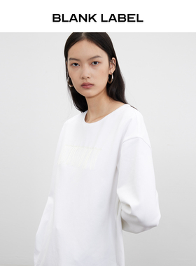BLANK LABEL极简高级宽松刺绣流苏针织圆领白色长袖t恤女上衣秋季