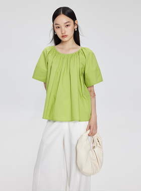 BLANK LABEL极简高支高密精梳棉 后背镂空抽皱气质短袖绿色衬衫女