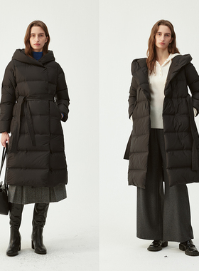 BLANK LABEL连帽石墨烯长款鹅绒羽绒服女冬季系带黑色面包服外套