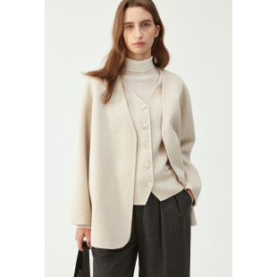 双面呢羊毛呢外套女高级感春秋v字短款 西服 LABEL假两件西装 BLANK