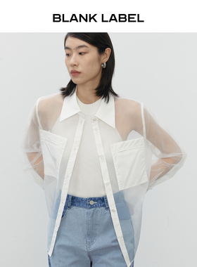 BLANK LABEL极简高级宽松拼接欧根纱透视防晒衬衫女长袖上衣夏