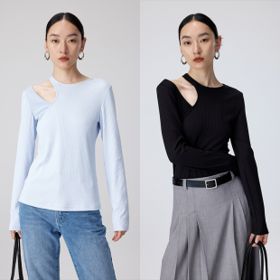 BLANK 极简高级弹力坑条肩部镂空拼接修身 针织衫 女打底上衣 LABEL
