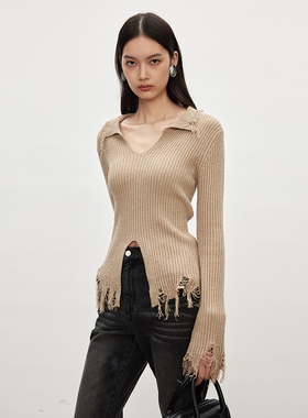 BLANK LABEL极简通勤 7.6支带子纱坑条毛边弹力修身POLO领针织衫