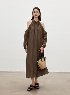 BLANK LABEL极简通勤 天丝麻挂脖露肩连衣裙女松弛感气质慵懒长裙