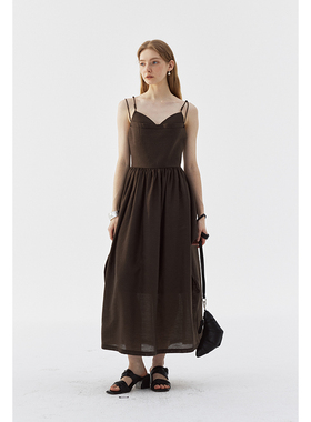 BLANK LABEL纱感醋酸亚麻莱赛尔混纺吊带连衣裙女夏新款度假长裙