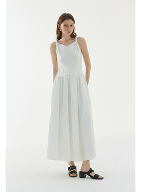 BLANK LABEL32支双面水柔棉吊带连衣裙女2025夏季新款白色A字长裙