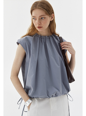 BLANK LABEL全棉高支细斜抽绳小飞袖上衣女2025夏季短袖套头衬衫