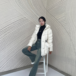 横店月娥新款加厚直筒长袖中长款通勤纯色羽绒服明星同款可定制