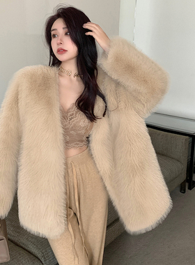 2025冬季新款时尚宽松中长款纯色环保仿狐狸毛皮草一体外套女大衣