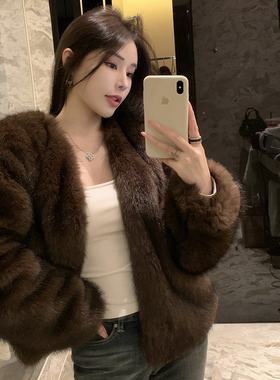 韩版时尚环保仿貉子毛皮草大衣女冬季短款显瘦毛毛圆领保暖外套女