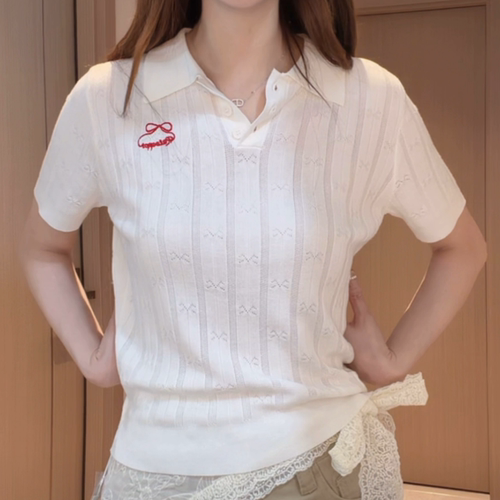 夏季新款翻领白色针织短袖T恤女