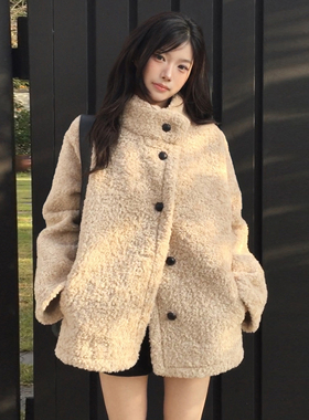 法式复古立领保暖皮毛一体毛毛外套女冬季新款时尚百搭羊羔绒大衣