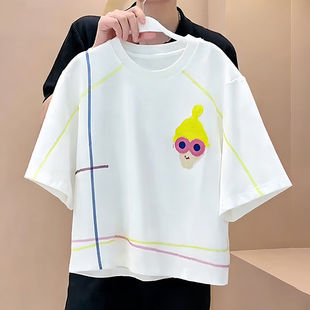 时尚彩色卡通刺绣宽松t恤女夏季新款洋气减龄小个子半袖短款上衣