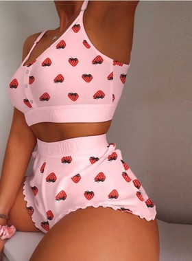 Resting pajamas时尚印花吊带两件套睡衣薄款紧身甜美睡衣套装