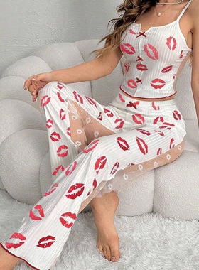 Resting pajamas印花居家服 前襟开叉吊带睡衣套装