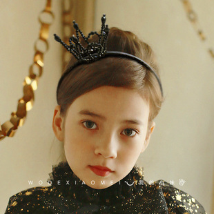 手工头饰小皇冠发夹头箍女童公主发卡夹子女黑色水晶王冠发箍发饰