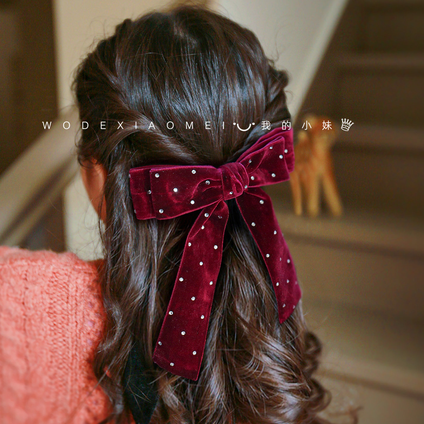 丝绒闪钻大蝴蝶结飘带发夹女童公主高级感头饰后脑勺夹子新年发饰