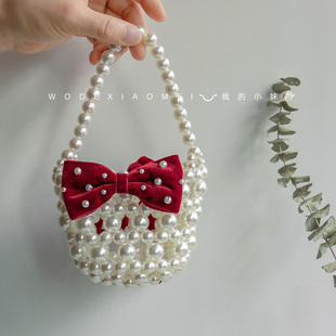 原创手工蝴蝶结珍珠手提包儿童可爱洋气小包包零钱包女孩公主配饰
