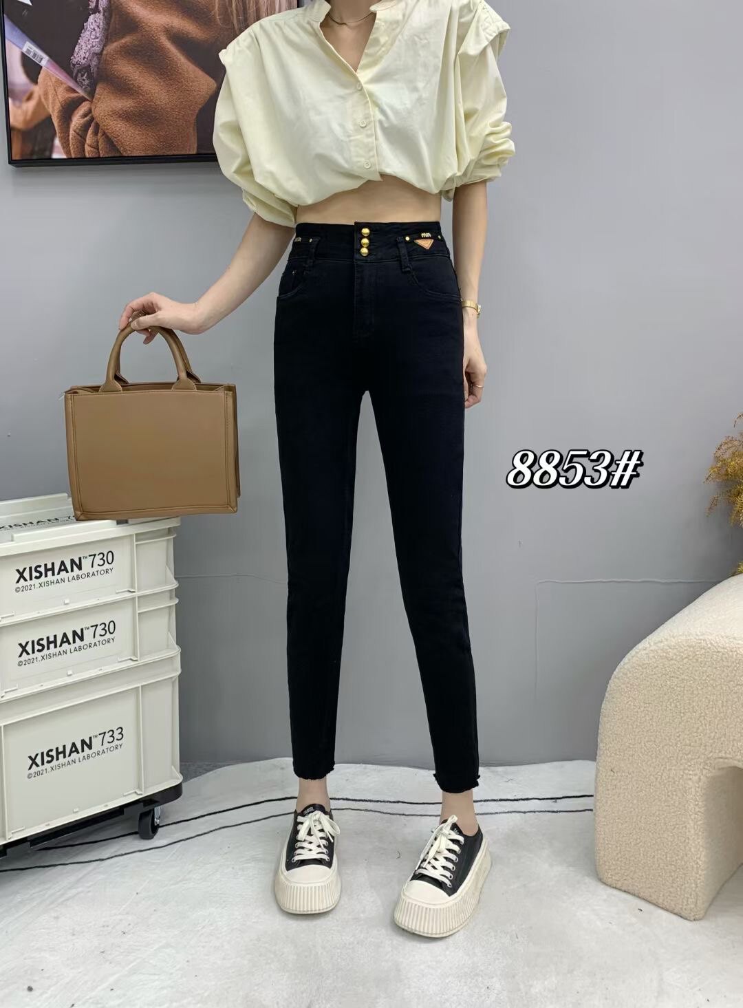 芭丽蔓8853黑色牛仔裤女紧身高腰2024春季新款弹力小脚九分裤显瘦