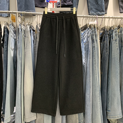 韩佰莉81723冬季新品松紧高腰宽松显瘦毛呢加绒直筒休闲长裤女