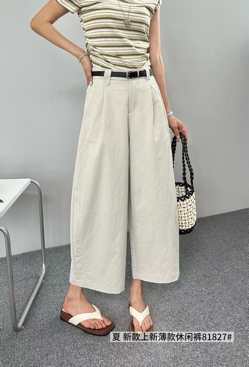 韩佰莉81827夏新款后松紧高腰显瘦腰带休闲裤女小个子直筒阔腿裤