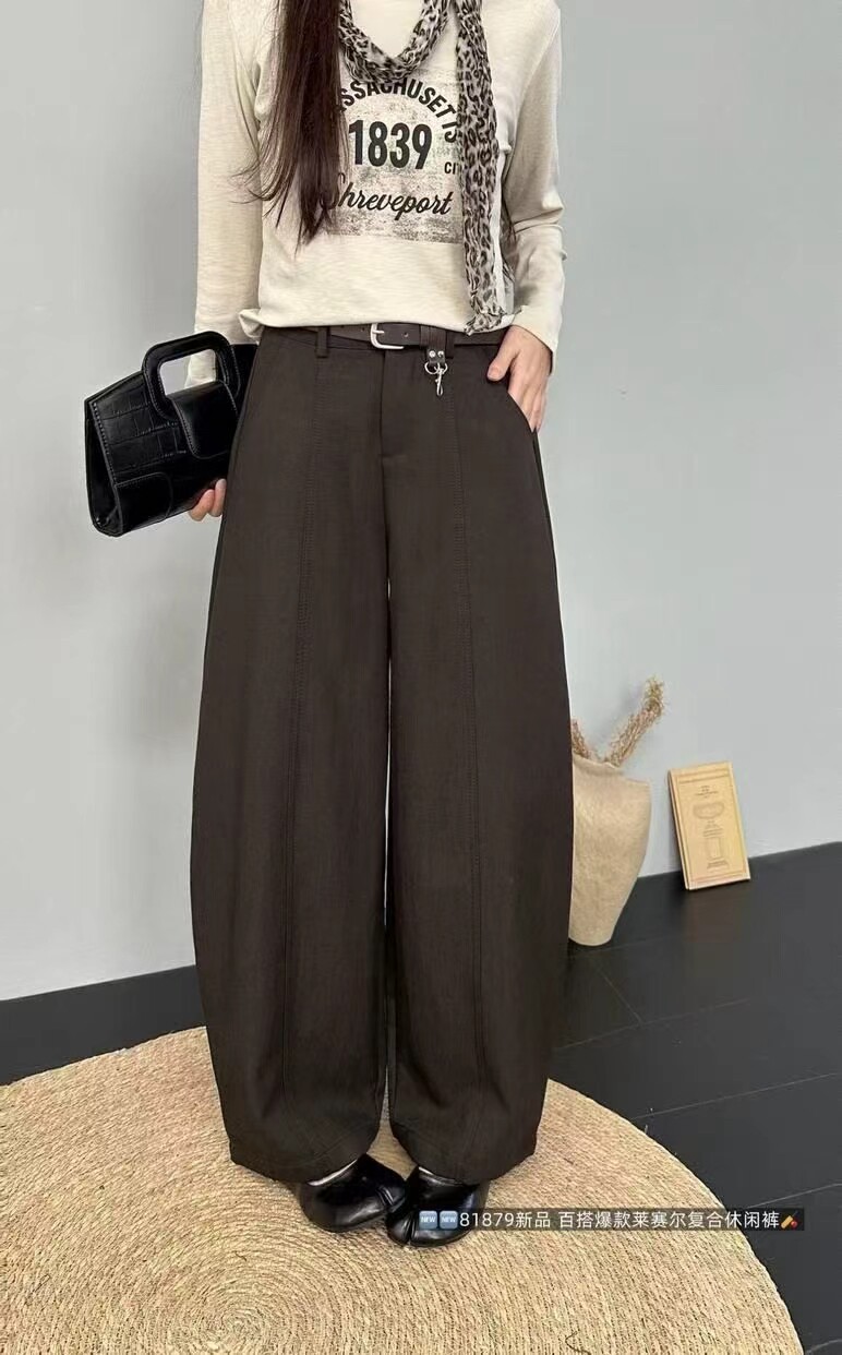 韩佰莉81879莱赛尔复合加厚弯刀阔腿休闲裤女老钱风休闲直筒长裤
