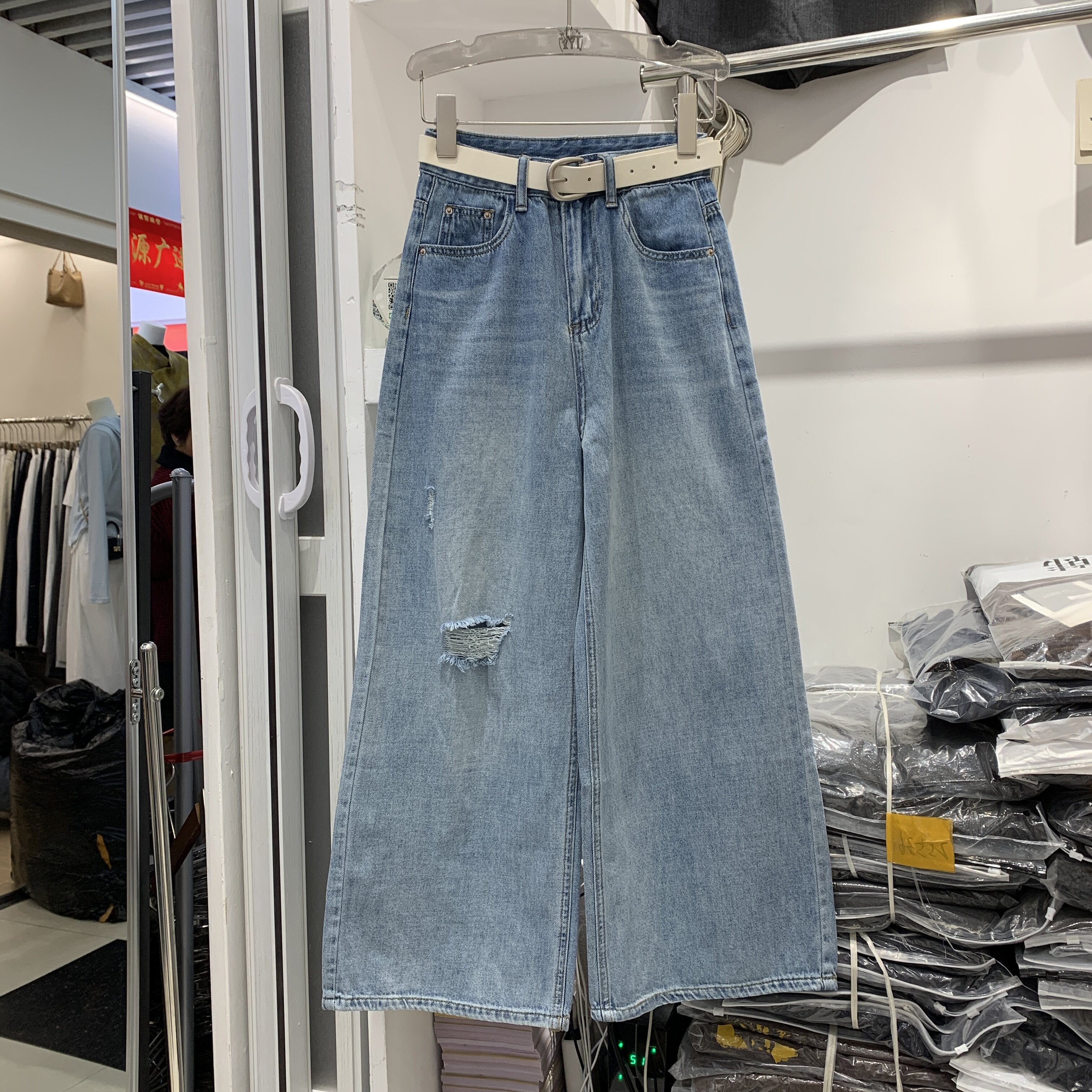 沐沐家90220浅蓝色破洞阔腿九分牛仔裤女高腰宽松显瘦休闲直筒裤