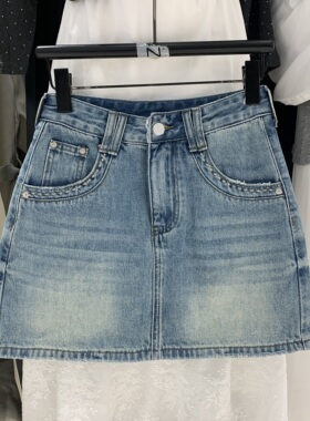 SASZ小公主65066春款韩版高腰显瘦工装口袋牛仔半身裙女A字包臀裙