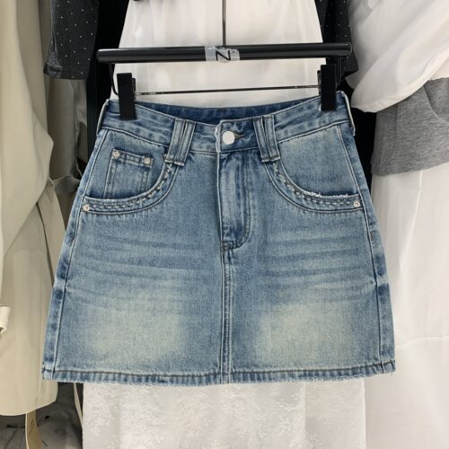 SASZ小公主65066春款韩版高腰显瘦工装口袋牛仔半身裙女A字包臀裙