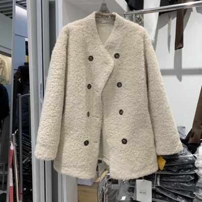 TR时尚9971韩系双排扣仿羊羔毛外套冬宽松显瘦百搭中长款毛毛外套